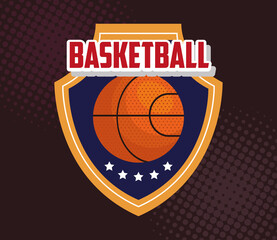 Wall Mural - basketball , emblem, design with basketball ball, ball and shield with stars vector illustration