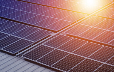 solar panel with blue sky and sunset. green clean energy concept. clean energy, electric alternative