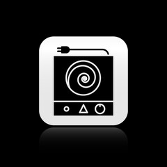 Black Electric stove icon isolated on black background. Cooktop sign. Hob with four circle burners. Silver square button. Vector Illustration
