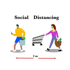 vector illustration concept for social distancing in a supermarket. People wearing surgical mask who standing in line at a safe distance of  2 meters or 6 feet.