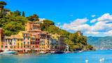 Fototapeta  - It's Portofino, is an Italian fishing village, Genoa province, Italy. A vacation resort with a picturesque harbour and with celebrity and artistic visitors.