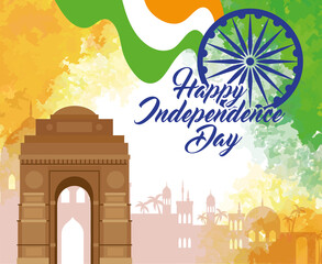 Wall Mural - indian happy independence day with ashoka wheel decoration and famous monument vector illustration design