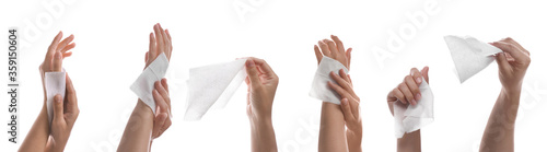 Fotomural Closeup view of people cleaning hands with wet wipes on white background, collage