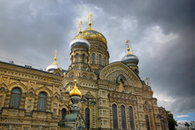 Beautiful Golden Cupolas Of The Temple Of The Assumption Church Vasilyevsky Island, St Petersburg, Russia.