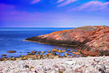 Awesome Nature Scenery - Barren Pinkish Red Rock, Moss, Barents Sea And Wild Beach With White Stones At The Background Of Blue Evening Sky, Teriberka, Murmansk Oblast, Kola Peninsula, Northern Russia