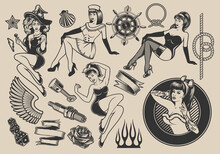 Set Of Vector Illustrations With Girls With Elements For Design On The Themes Of Pin-up Girls, Marine Design, Rockabilly, Halloween.