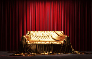 Wall Mural - theater stage with a sofa covered in golden drapery. 3d illustration