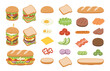 Set of ingredients for burger and sandwich on white background. Fast food Burger. Junk food concept.
