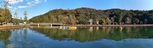 Beautiful Panoramic View Of Bobbin Head Picnic Ground With Reflections Of Blue Sky, Mountains And Trees, Ku-ring-gai Chase National Park, New South Wales, Australia