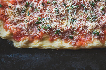 Delicious homemade pizza on a baking sheet