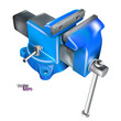 Realistic Heavy Duty bench vise on swivel base. 3D Metal blue vice, metalwork tool isolated on white background. Vector illustration.