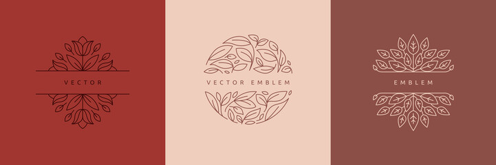Wall Mural - Vector design templates in simple modern style with copy space for text, flowers and leaves - wedding invitation backgrounds and frames, social media stories wallpapers
