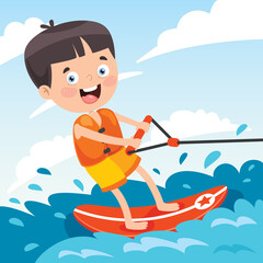 Wall Mural - Happy Cartoon Character Surfing At Sea