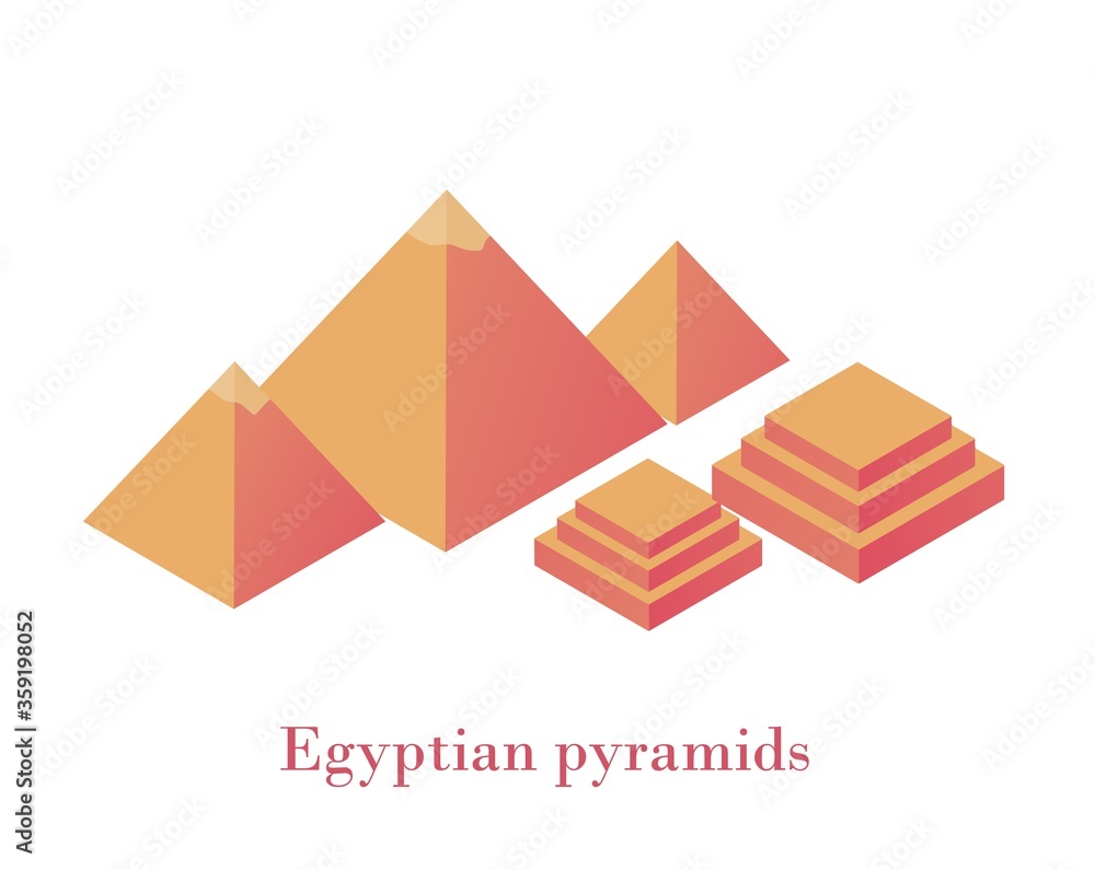 Egyptian pyramids isometrics. Ancient wonder of world complex three pyramids Giza yellow blocks two pedestals stepped design architectural heritage great vector times pointer constellation of Orion.