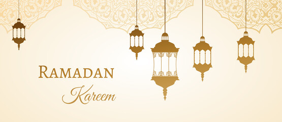 Wall Mural - Ramadan Kareem gold greeting background template arabic design patterns and lanterns, arabic lamp for promotion banner, ads, flyers, invitation, posters, brochure, discount, sale offers. Vector EPS 10