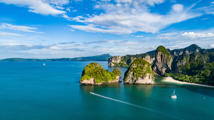 Wall Mural - Railay beach in Thailand, Krabi province, aerial view of tropical Railay and Pranang beaches and coastline of Andaman sea from above