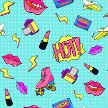 Art Style 90s Pop Pattern. Seamless Retro Color Music Cassette Lightning Bright Lipstick Red Reel Film Photographic Stylish Roller Skates Design Vector 80s And 90s Brightly Clipart Painted Hot Lips.