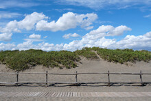 Mediterranean Bush On A Beach, Beyond A Wooden Fence With A Catwalk On The Sand To Walk Along The Shore, On A Beautiful Sunny Day With A Blue Sky With Scattered White Clouds. 