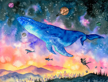 Watercolor Painting - Whale Diving Into Fantasy Space