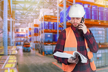Wall Mural - A man with a phone and documents in the warehouse. Working in a chemical warehouse. The storekeeper issues products from the warehouse. A man in a white hard hat and a reflective vest.