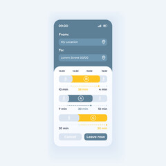 Bus travel app smartphone interface vector template. Mobile app page light theme design layout. City transportation search screen. Flat UI for application. Public transport schedule on phone display