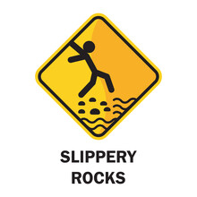 Beach Safety Signs With Slippery Rocks Warning Text. Vector Illustration