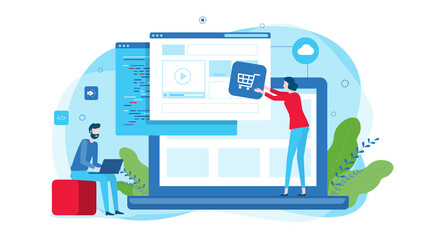 Poster - developer and designer team build online website and flat vector illustration design for web landing banner background concept  