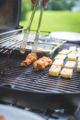 Wall Mural - BBQ on weekend. Chicken wings, cheese and vegetables on gas grill. Outdoors.