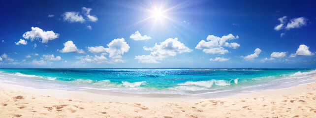 idyllic sand beach with sun over ocean