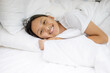 © alexzeer - Teenage girl sleeping resting.Happy a good night. Girl sleep on a bed in a white room in the morning. Depression concept.Copy space background.