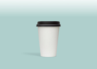 Wall Mural - White blank medium size takeaway paper, carton or cardboard coffee cup with black cap packaging template mockup isolated on light green background  