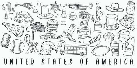 united states of america doodle line art illustration. hand drawn vector clip art. banner set logos.