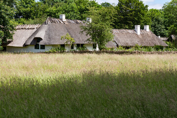 Traditional country house with thatched roof. Rural theme. Frilandsmuseet, Denmark.