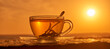 Tea cup with tea leaves in sunset. 