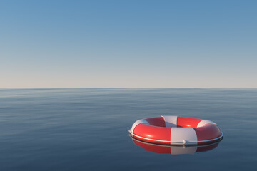 Life buoy on the ocean surface, 3d rendering.