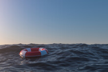 Life Buoy On The Ocean Surface, 3d Rendering.