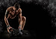 Sporty man workout with kettlebell. Sports banner