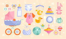 Set Of Baby Goods Icons In Muted Pastel Colors With Stroller, Toys, Clothing, ABC And A Bottle Of Formula, Colored Vector Illustration