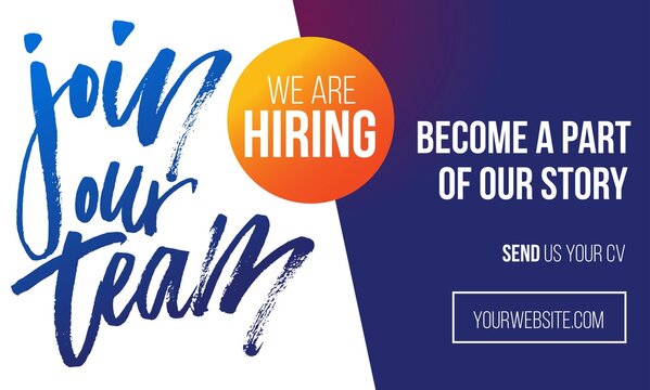 Wall Mural - Join our team recruitment design poster. Modern brush lettering with colorful background. We are hiring banner or poster template. Trendy vector illustration.