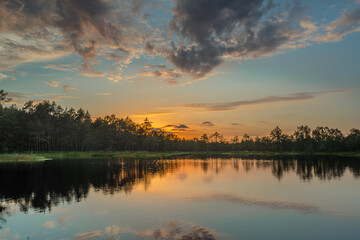 Sundown rose-pink light in raised bog. Konnu Suursoo (Korvemaa) wetland in Estonia. Sunset glow over marsh hollows.  Symmetry created by reflection of trees and colorful clouds in moorland lake.
