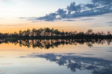 Sundown rose-pink light in raised bog. Konnu Suursoo (Korvemaa) wetland in Estonia. Sunset glow over marsh hollows.  Symmetry created by reflection of trees and colorful clouds in moorland lake.
