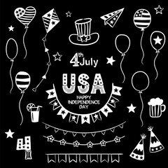 Wall Mural - Set of chalk drawn elements for Independence Day of the United States of America. Symbols of the USA in national colors. A set of items for July 4th. Vector illustration for your design.