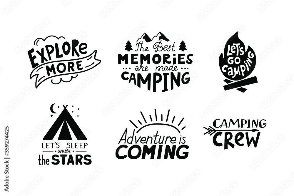 Set of Camping quotes. Summer Lettering text. Let's go camping, explore more, adventure is coming. Vector print. - obrazy, fototapety, plakaty 