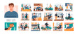 © Rudzhan - Series of sequential scenes showing the daily life of a young man from waking up to going back to bed at night, colored vector illustration
