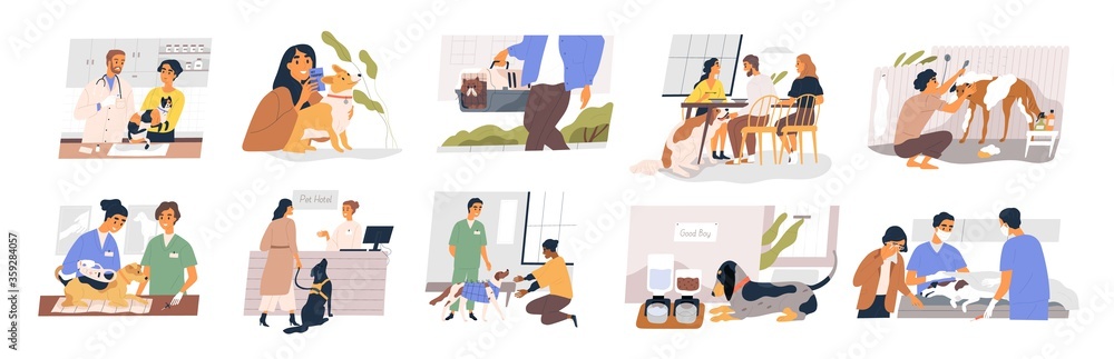Different situation of pets life set vector flat illustration. Owners with their domestic animals - vaccination, vet passport, rehabilitation, sterilization, carrying and washing isolated on white - obrazy, fototapety, plakaty 