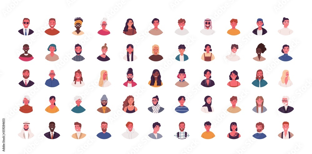 Set of different people avatars vector flat illustration. Collection of diverse man and woman portraits isolated on white. Smiling colorful young and adult person. Bundle of multiethnic user avatar - obrazy, fototapety, plakaty 