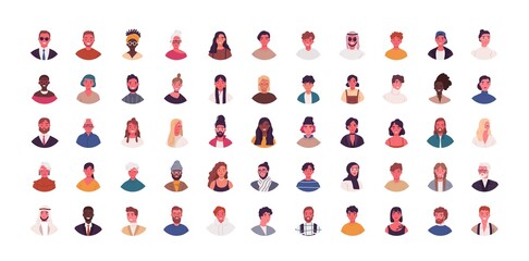 Wall Mural - Set of different people avatars vector flat illustration. Collection of diverse man and woman portraits isolated on white. Smiling colorful young and adult person. Bundle of multiethnic user avatar