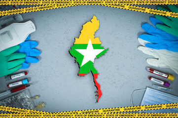extraordinary measures under myanmar quarantine and coronavirus. myanmar flag and map on vacutainer 