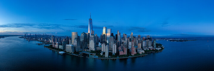 Wall Mural - Aerial view of lower Manhattan at dusk from Hudson river. 