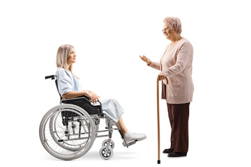 Wall Mural - Young female patient in a wheelchair and an elderly woman having a conversation